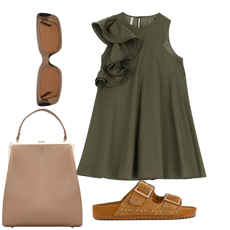 Outfit donna - Rouches oliva. Stile Bon Ton per Tutti i giorni. Abbinamento con vestiti corti, borse a spalla, sandali, occhiali da sole.