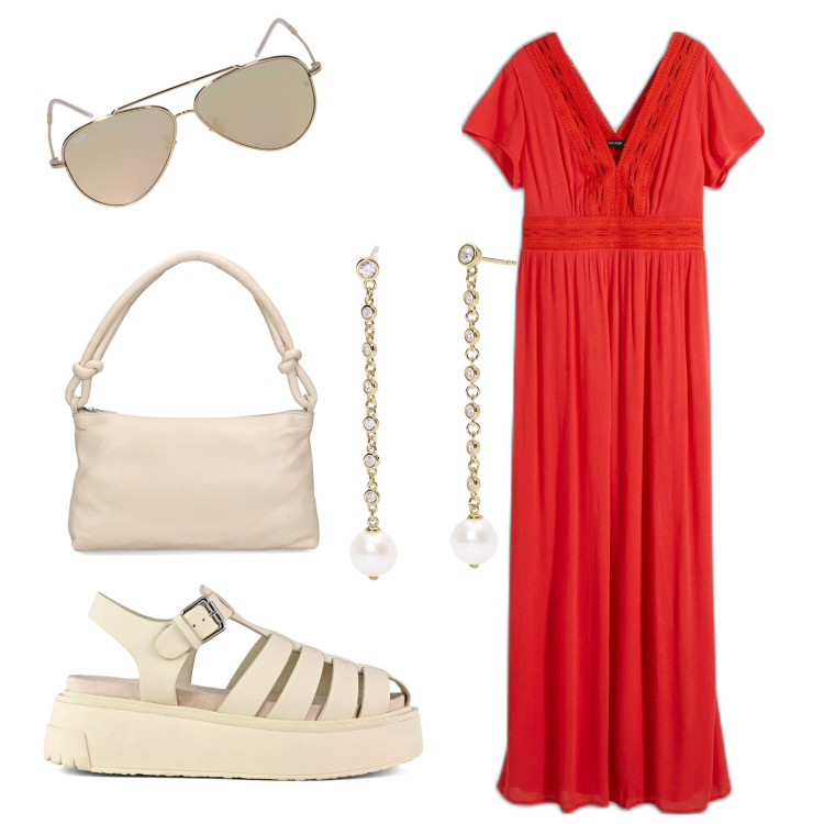Outfit donna - Rosso amore. Stile Romantica per Tutti i giorni. Abbinamento con vestiti lunghi, orecchini, sandali, occhiali da sole, borse a spalla.