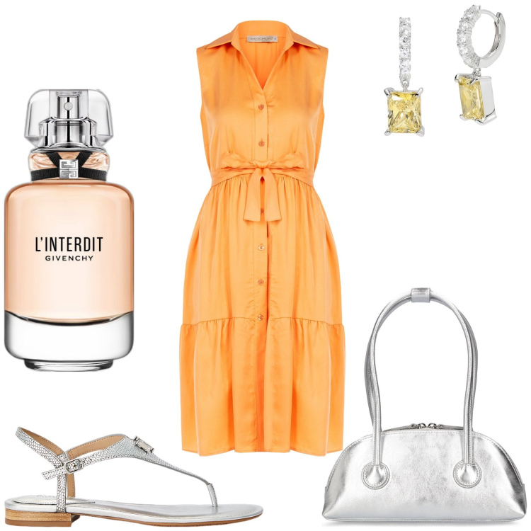 Outfit donna - Vestito da sole per il pranzo. Stile Glamour per Tutti i giorni. Abbinamento con profumi, orecchini, vestiti chemisier, sandali in pelle, borse a spalla.