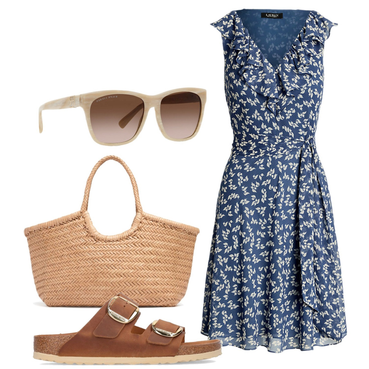 Outfit donna - Al mattino. Stile Bon Ton per Tutti i giorni. Abbinamento con occhiali da sole, vestiti senza maniche, sandali in pelle, shopping bag.