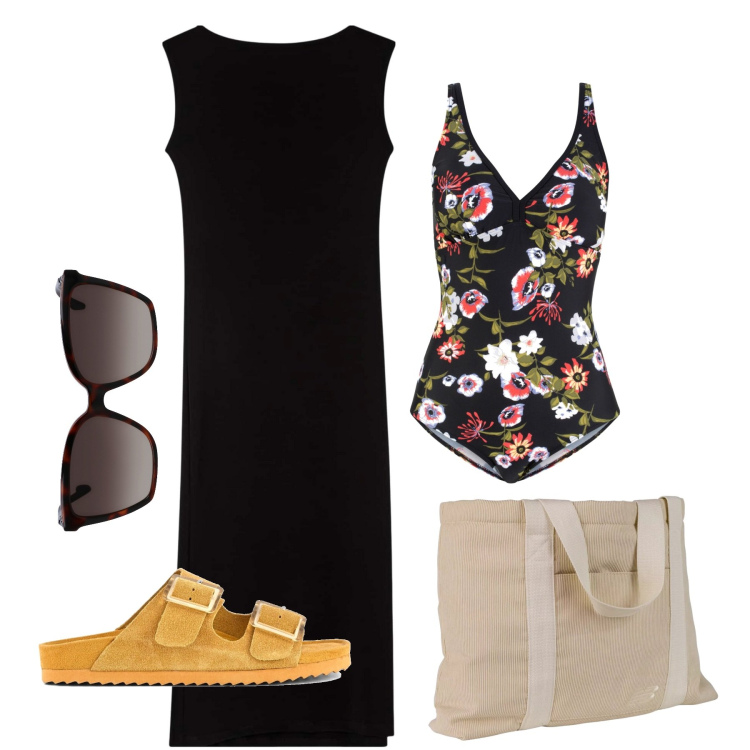 Outfit donna - Lineare. Stile Minimal per Mare. Abbinamento con costumi interi, vestiti lunghi, shopping bag, sandali, occhiali da sole.