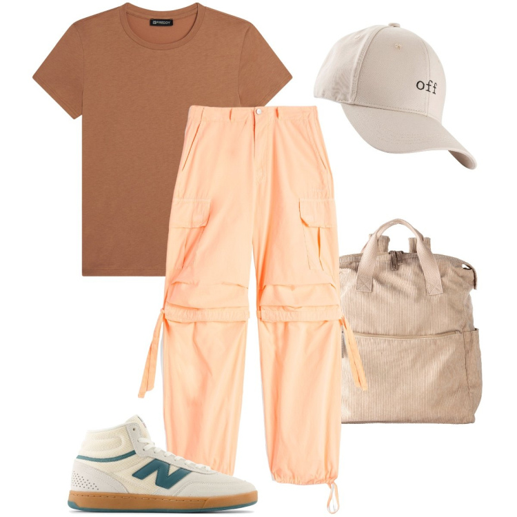 Outfit donna - Le sneaker alte. Stile Sporty chic per Tutti i giorni. Abbinamento con zaini, cappelli con visiera, sneakers, pantaloni cargo, t-shirt.