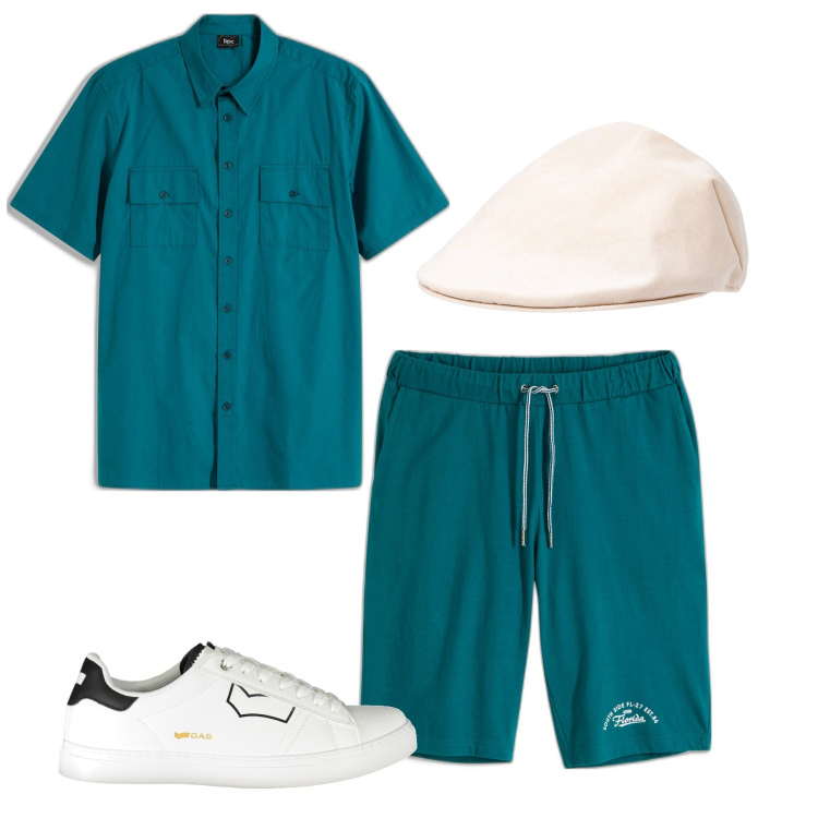 Outfit uomo - Total look. Stile Casual per Tutti i giorni. Abbinamento con camicie a manica corta, bermuda, cappelli e berretti, sneakers.