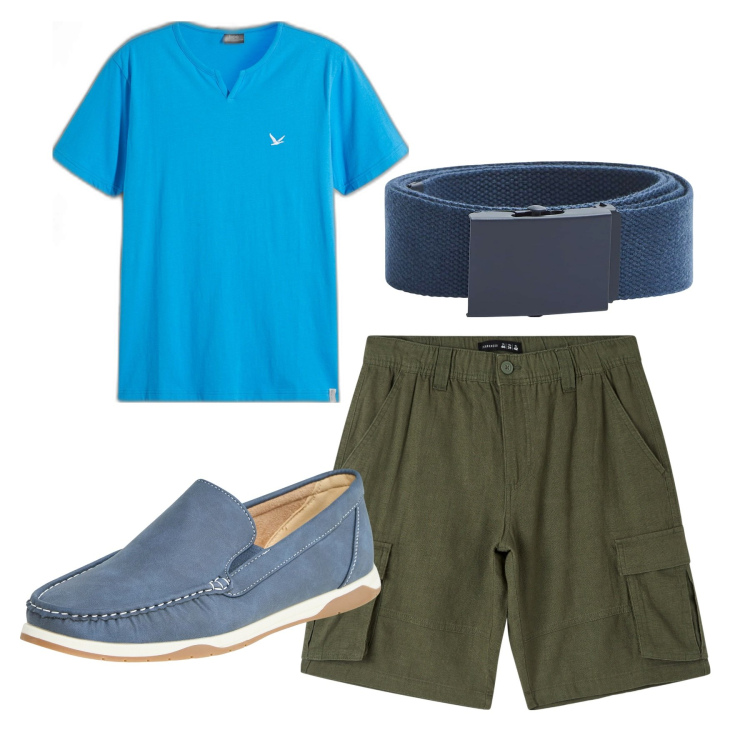 Outfit uomo - Total look. Stile Casual per Tutti i giorni. Abbinamento con t-shirt, cinture, pantaloni corti, scarpe stringate.
