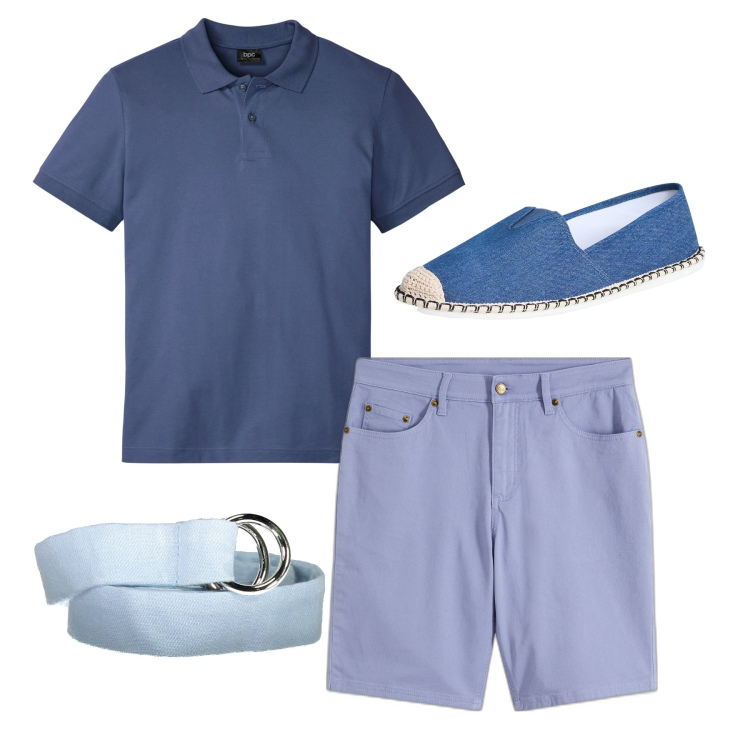 Outfit uomo - Azzurro. Stile Casual per Tutti i giorni. Abbinamento con polo, bermuda, espadrillas, cinture.