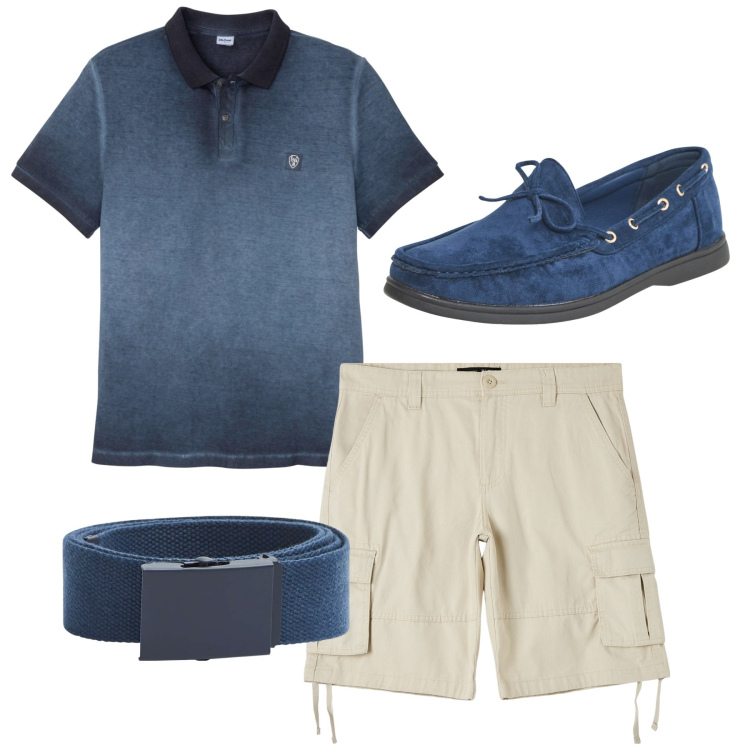 Outfit uomo - Total look. Stile Casual per Tutti i giorni. Abbinamento con polo, scarpe stringate, cinture, pantaloni corti.