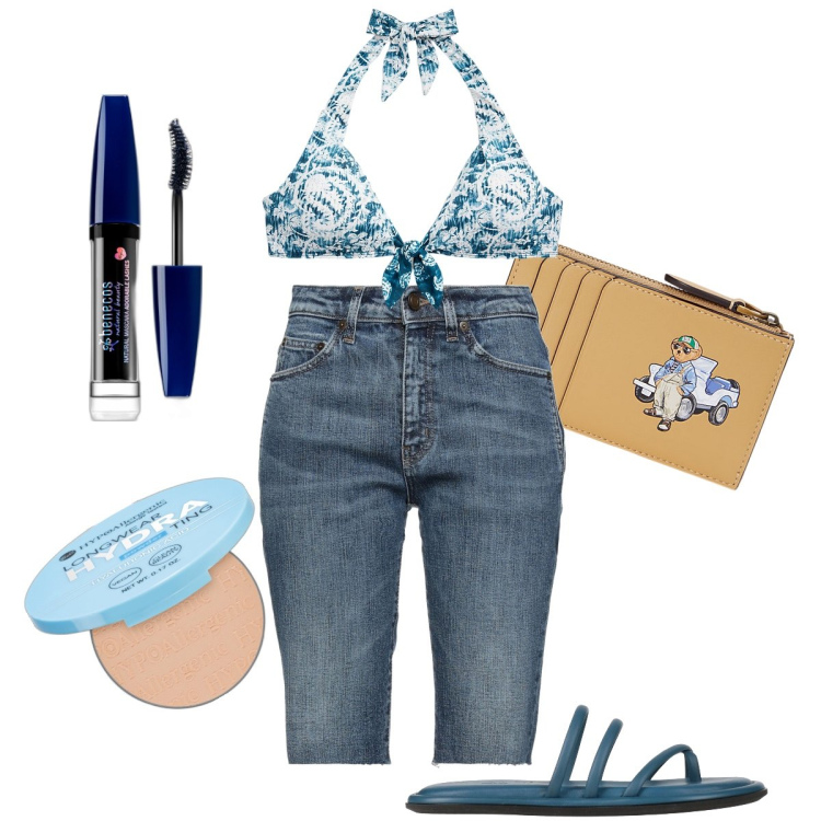 Outfit donna - Il top annodato. Stile Vintage retrò per Mare. Abbinamento con shorts, ciabatte, mascara, ciprie, top, portafogli.