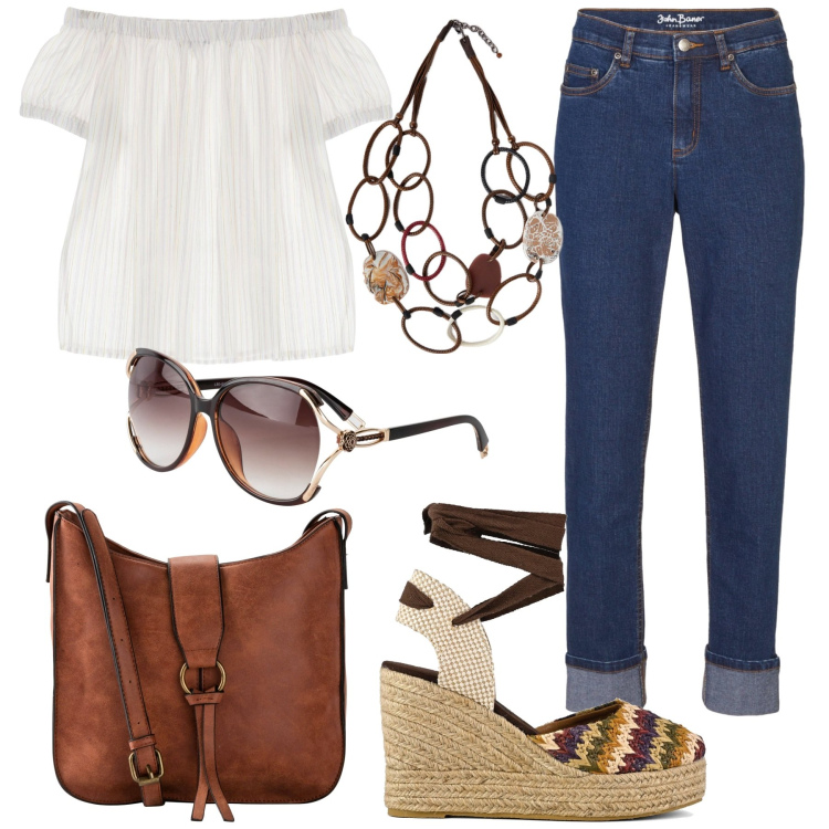 Outfit donna - Comoda e graziosa. Stile Boho per Tutti i giorni. Abbinamento con borse a tracolla, occhiali da sole, jeans boyfriend, bluse, collane, sandali col tacco.