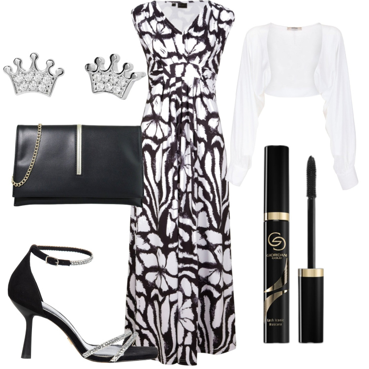 Outfit donna - Serata. Stile Chic per Serata fuori. Abbinamento con vestiti lunghi, mascara, orecchini, sandali gioiello, blazer, pochette.