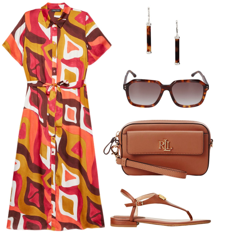 Outfit donna - Chamisier in vacanza. Stile Urban per Tutti i giorni. Abbinamento con pochette, sandali in pelle, orecchini, vestiti lunghi, occhiali da sole.