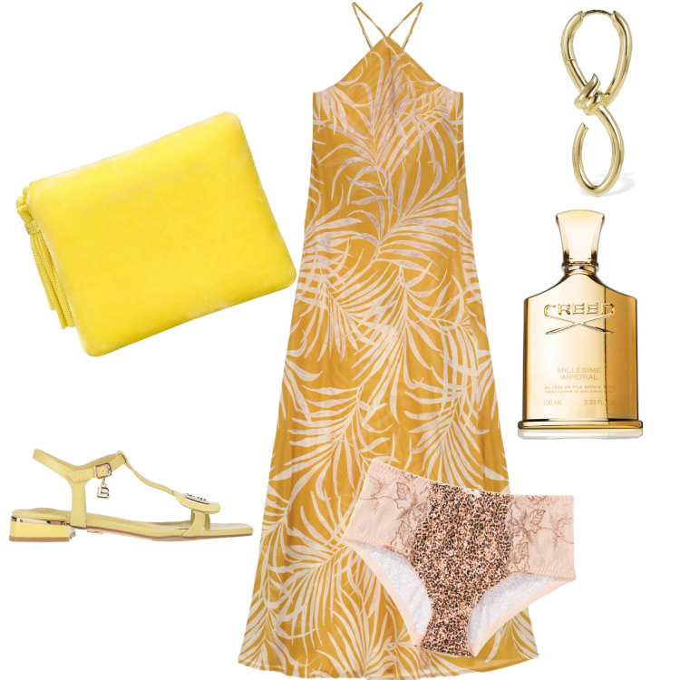 Outfit donna - Golden lady. Stile Glamour per Serata fuori. Abbinamento con culotte, sandali, profumi, vestiti lunghi, pochette, orecchini.