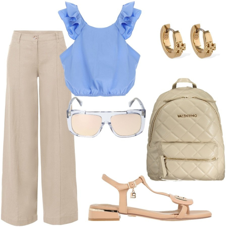 Outfit donna - Pomeriggio in centro. Stile Casual chic per Tutti i giorni. Abbinamento con pantaloni a palazzo, sandali, canottiere, occhiali da sole, zaini, orecchini.