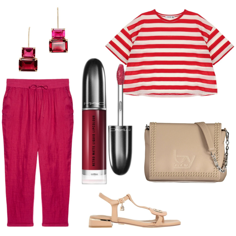 Outfit donna - Total look #1916974. Stile Casual per Tutti i giorni. Abbinamento con sandali, rossetti, t-shirt, orecchini, borse a spalla, pantaloni.