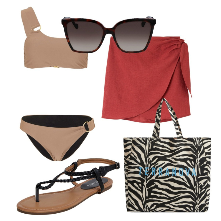 Outfit donna - Il bikini per le vacanze. Stile Chic per Mare. Abbinamento con bikini, borse tote, vestiti da spiaggia, ciabatte, occhiali da sole.