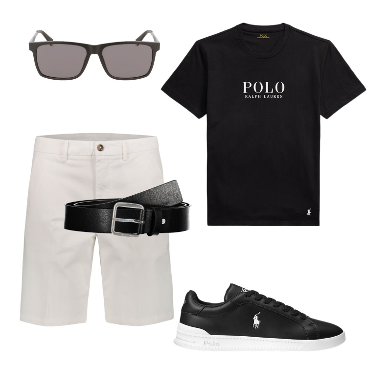 Outfit uomo - Elegante in estate. Stile Business/Elegante per Ufficio. Abbinamento con bermuda, t-shirt, sneakers, cinture, occhiali da sole.