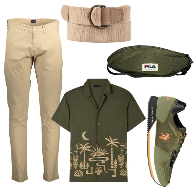 Outfit uomo - Maurizio: con il marsupio. Stile Urban per Tutti i giorni. Abbinamento con camicie a manica corta, borse sportive, scarpe sportive, cinture, pantaloni.