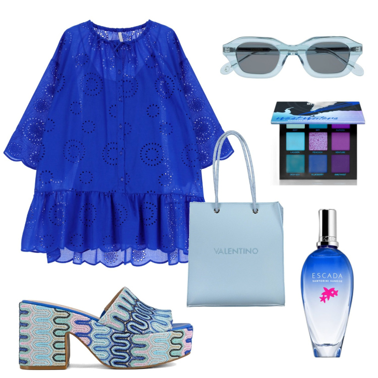 Outfit donna - Che look!!!. Stile Trendy per Mare. Abbinamento con profumi, ombretti, vestiti corti, sabot, occhiali da sole, borse a spalla.