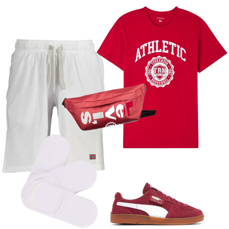 Outfit uomo - Corsetta serale. Stile Urban per Tutti i giorni. Abbinamento con t-shirt, calzini, borse sportive, bermuda, sneakers.