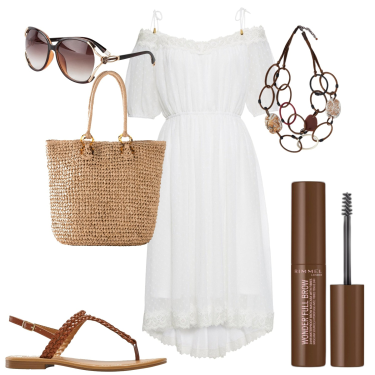 Outfit donna - Al mare. Stile Casual chic per Mare. Abbinamento con vestiti, occhiali da sole, ciabatte, shopping bag, mascara, collane.