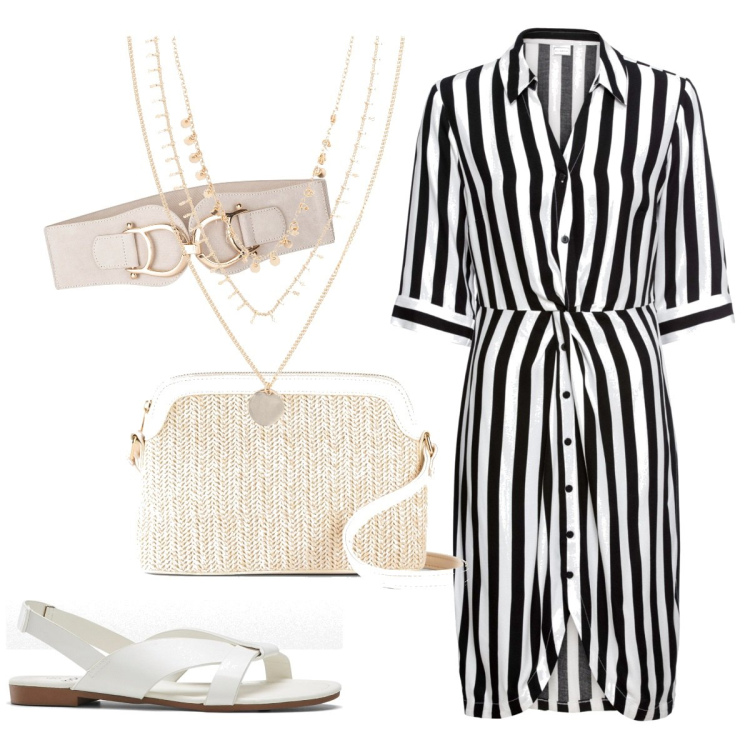 Outfit donna - L\' abitino zebrato bon ton. Stile Bon Ton per Ufficio. Abbinamento con sandali, borse a tracolla, collane, vestiti chemisier, cinture.