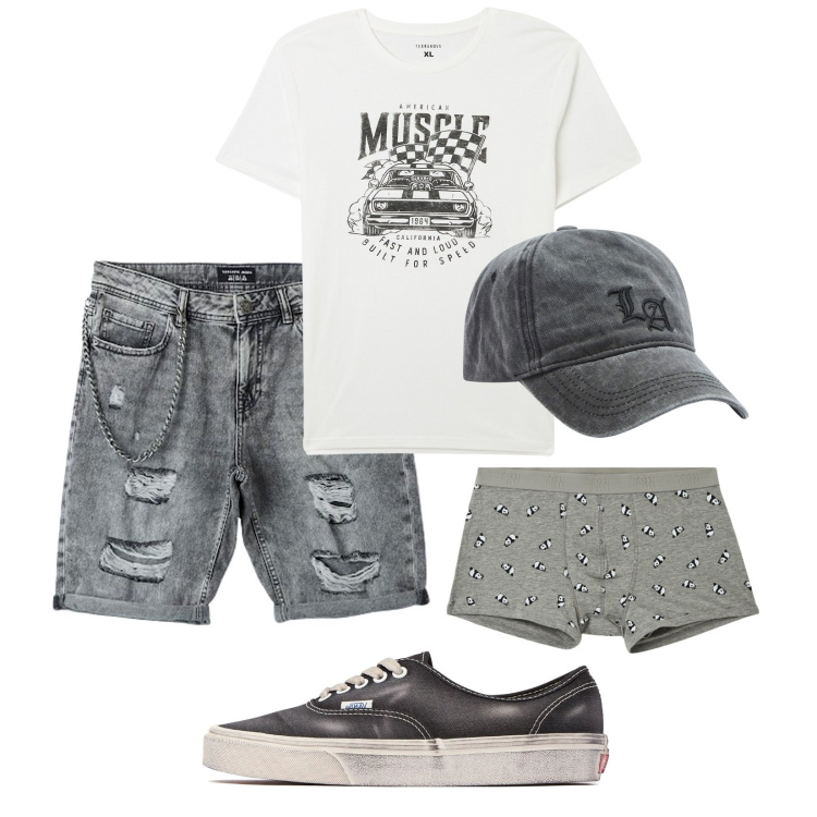 Outfit uomo - Effetto stonewashed!!!. Stile Urban per Mare. Abbinamento con boxer, t-shirt, cappelli, bermuda, sneakers.