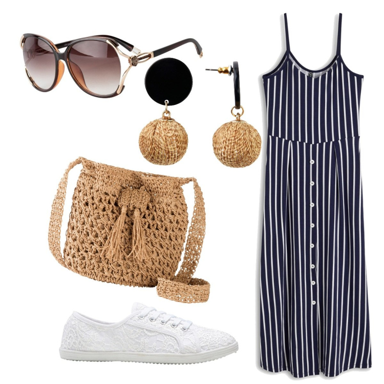 Outfit donna - Zebrato basic. Stile Basic per Tutti i giorni. Abbinamento con occhiali da sole, sneakers, orecchini, vestiti midi/longuette, borse a tracolla.