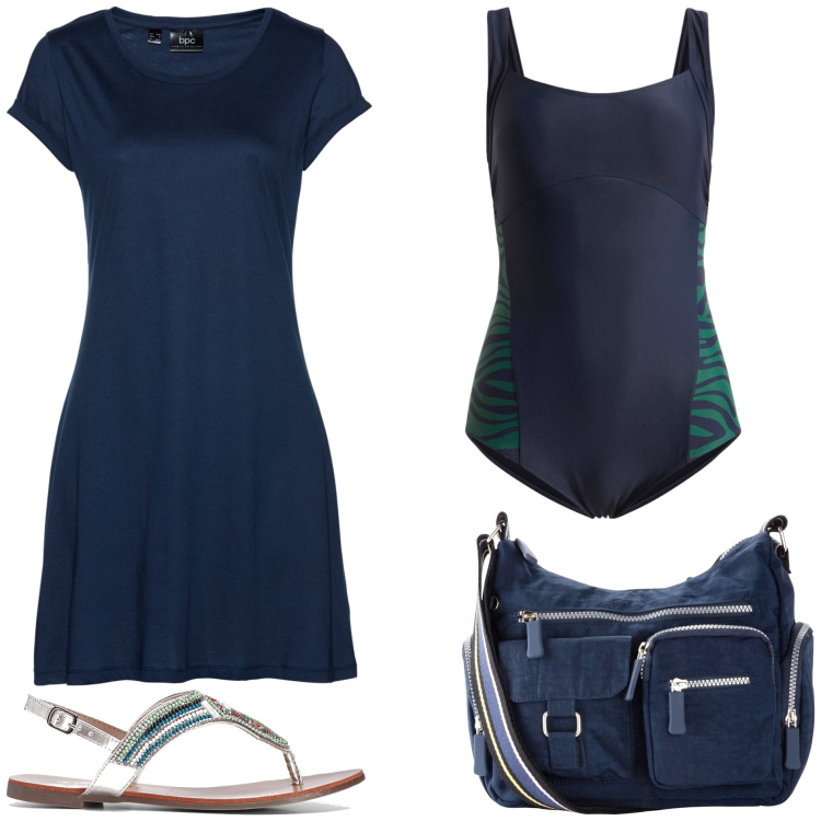Outfit donna - Mare blu. Stile Basic per Tutti i giorni. Abbinamento con vestiti, borse a tracolla, costumi interi, ciabatte.