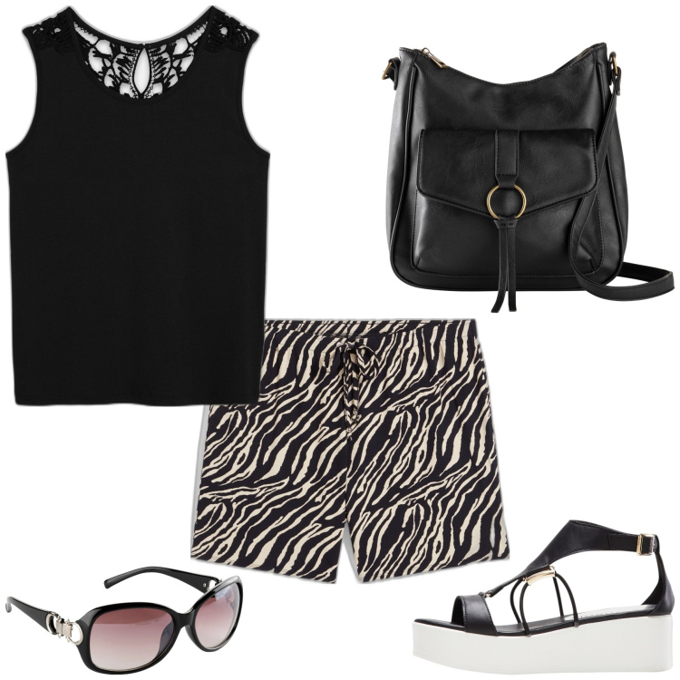 Outfit donna - Gli shorts zebrati. Stile Basic per Tutti i giorni. Abbinamento con top, sandali col tacco, pantaloni corti, borse a tracolla, occhiali da sole.