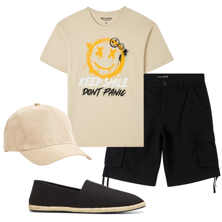 Outfit uomo - Total look #1917109. Stile Casual per Tutti i giorni. Abbinamento con espadrillas, t-shirt, cappelli, pantaloni corti.