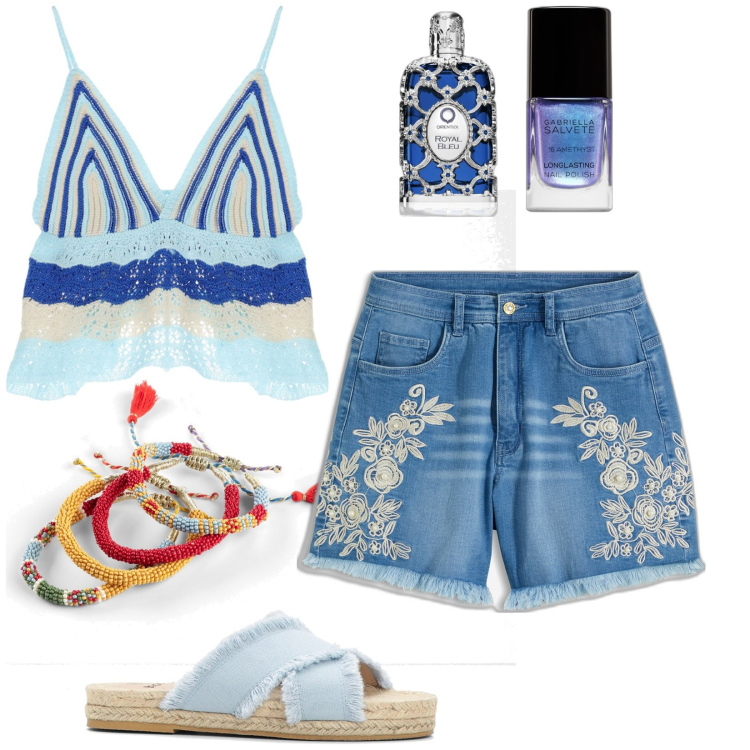 Outfit donna - Total look #1917111. Stile Casual per Tutti i giorni. Abbinamento con shorts, braccialetti, ciabatte, smalti, profumi, top.