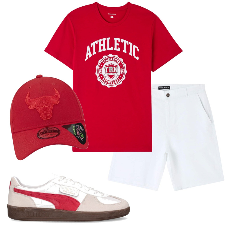 Outfit uomo - Total look #1917112. Stile Casual per Mare. Abbinamento con t-shirt, shorts, cappelli con visiera, sneakers.