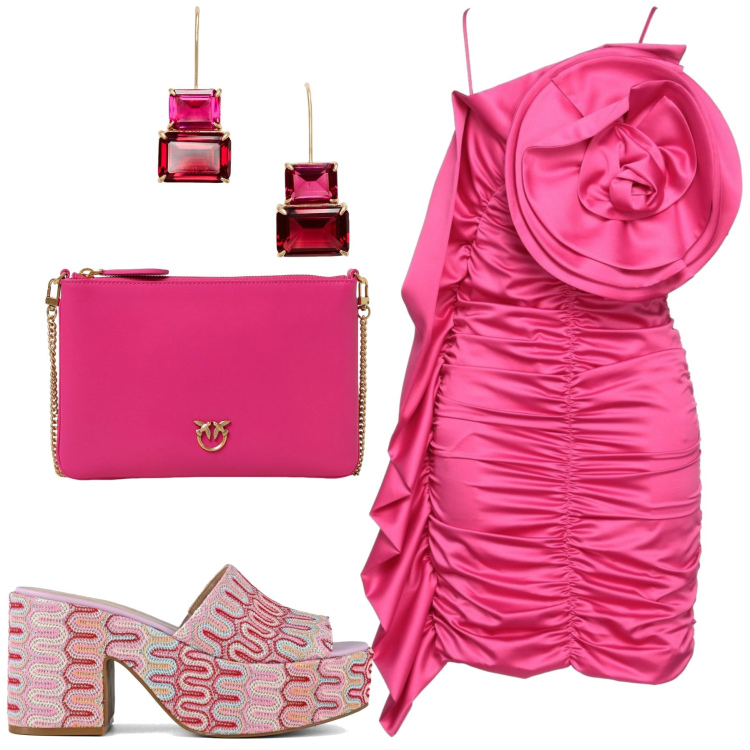 Outfit donna - Grande fiore curvy. Stile Glamour per Serata fuori. Abbinamento con vestiti corti, orecchini, sabot, pochette.