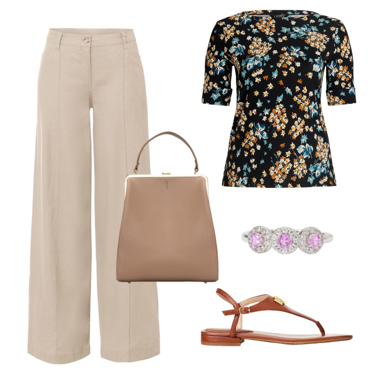 Outfit donna - Curvy chic. Stile Casual chic per Ufficio. Abbinamento con pantaloni a palazzo, anelli, maglieria, sandali in pelle, borse a spalla.