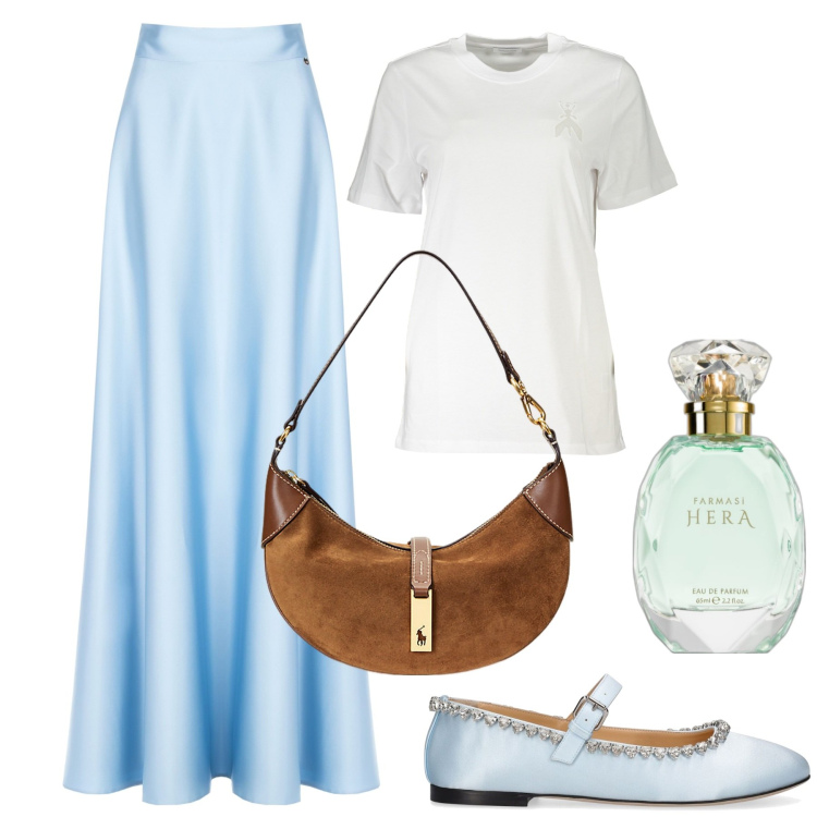 Outfit donna - Minimal chic. Stile Chic per Serata fuori. Abbinamento con profumi, gonne, borse a spalla, t-shirt, ballerine.