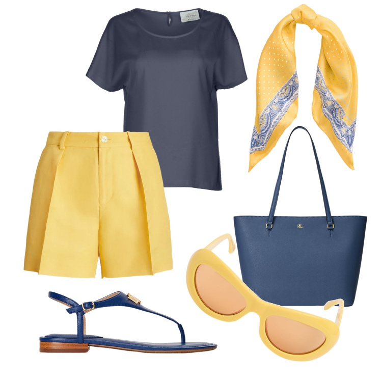 Outfit donna - Estate in ufficio blu & giallo. Stile Casual chic per Ufficio. Abbinamento con borse tote, sandali in pelle, gonne lunghe, foulard, occhiali da sole, bluse.