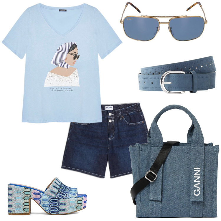 Outfit donna - Pantaloncino jeans per la giornata. Stile Casual chic per Tutti i giorni. Abbinamento con cinture, shorts, sabot, occhiali da sole, t-shirt, shopping bag.