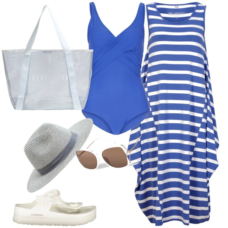 Outfit donna - Mare. Stile Basic per Mare. Abbinamento con costumi interi, vestiti midi/longuette, occhiali da sole, cappelli, shopping bag, infradito.