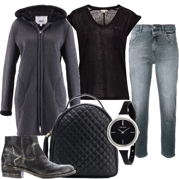 Outfit donna - Grigio e nero di giorno. Stile Basic per Tutti i giorni. Abbinamento con felpe, jeans taglio dritto cropped in denim grigio, zaino in pelle taglia unica blu e nero, stivaletti con stampa effetto metallizzato con zip nero, vestaglia nero, orologio analogico con cinturino argento.