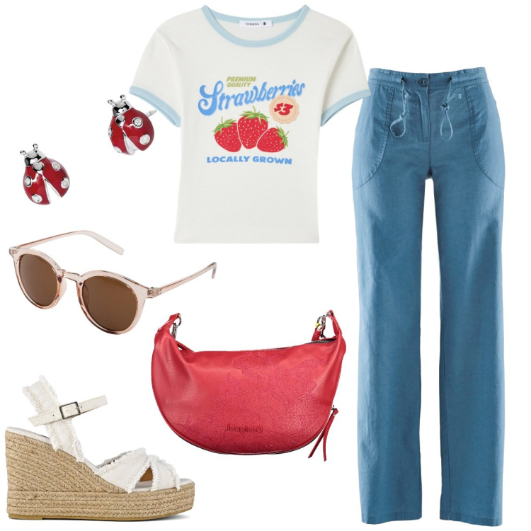 Outfit donna - Passeggiata. Stile Casual per Tutti i giorni. Abbinamento con pantaloni a palazzo, occhiali da sole, t-shirt, orecchini, borse a spalla, sandali col tacco.
