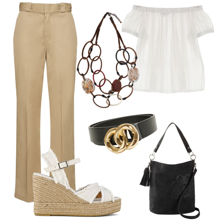 Outfit donna - Summer look 2. Stile Casual chic per Tutti i giorni. Abbinamento con borse a mano, cinture, bluse, pantaloni, sandali col tacco, collane.