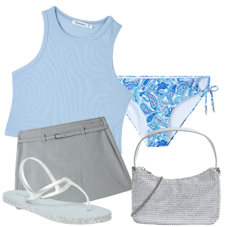 Outfit donna - Noi libere e belle. Stile Minimal per Tutti i giorni. Abbinamento con sandali, bikini, minigonne, borse a tracolla, top.