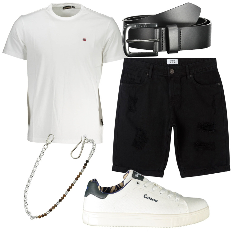 Outfit uomo - Classico con t-shirt e pantaloncini. Stile Casual per Tutti i giorni. Abbinamento con bermuda, collane, cinture, sneakers, t-shirt.