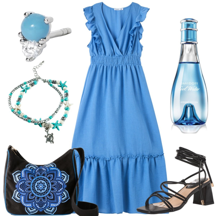 Outfit donna - Ischia. Stile Boho per Tutti i giorni. Abbinamento con collane, borse a tracolla, profumi, vestiti lunghi, sandali alla schiava, orecchini.