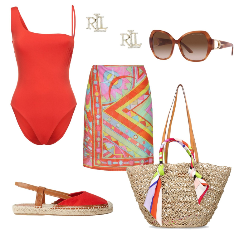 Outfit donna - Estate in rosso. Stile Casual chic per Mare. Abbinamento con occhiali da sole, orecchini, espadrillas, shopping bag, costumi interi, vestiti da spiaggia.