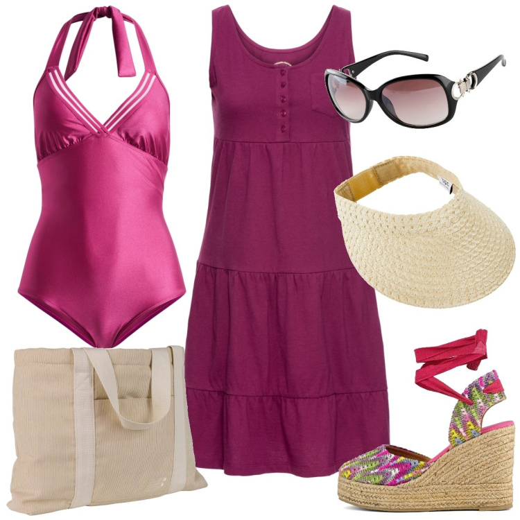 Outfit donna - In spiaggia. Stile Boho per Mare. Abbinamento con vestiti corti, costumi interi, cappelli con visiera, occhiali da sole, shopping bag, sandali col tacco.