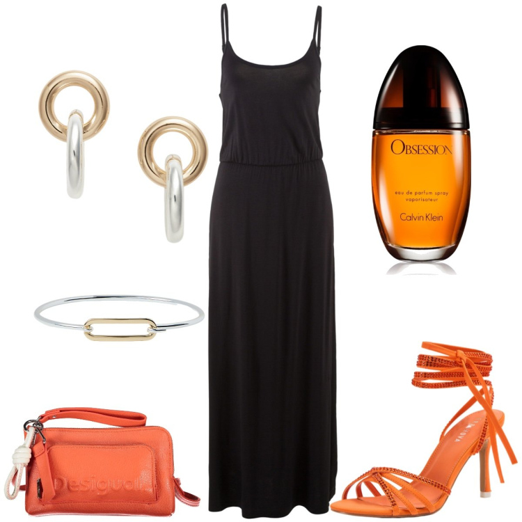 Outfit donna - Serata fuori. Stile Chic per Serata fuori. Abbinamento con vestiti lunghi, profumi, sandali alla schiava, orecchini, braccialetti, borse a tracolla.