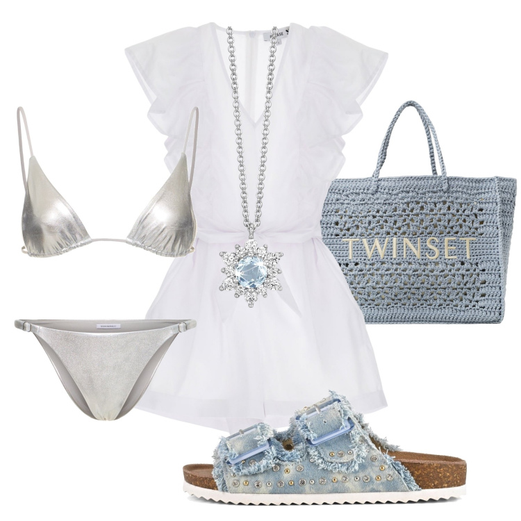 Outfit donna - Brillante in spiaggia !. Stile Trendy per Mare. Abbinamento con collane, vestiti corti, sandali, borse tote, bikini, bikini.