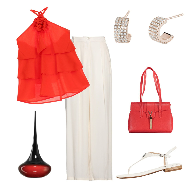 Outfit donna - Total look #1917221. Abbinamento con pantaloni, profumi, orecchini, top, sandali in pelle, borse a spalla.
