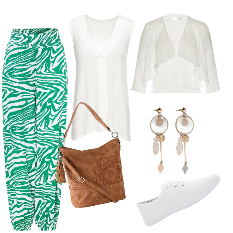 Outfit donna - Total look #1917243. Abbinamento con top, borse a mano, orecchini, blazer, sneakers, pantaloni a palazzo.