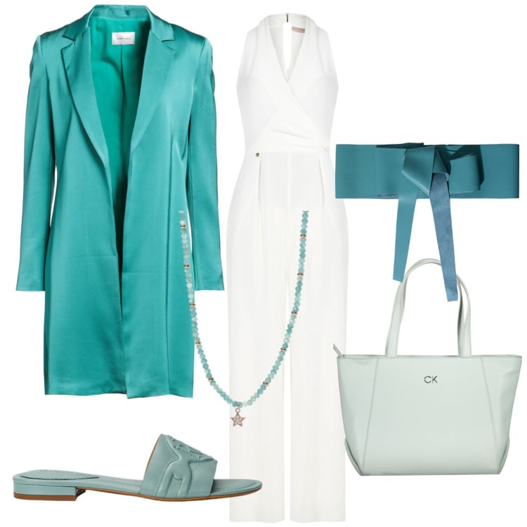 Outfit donna - Giacca lucida. Stile Chic per Serata fuori. Abbinamento con blazer, collane, tute, cinture, sandali in pelle, borse a spalla.